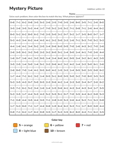 Addition within 10 color-by-number worksheet that reveals a autumn leaf