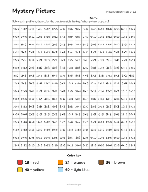 Multiplication facts 0-12 color-by-number worksheet that reveals a autumn leaf