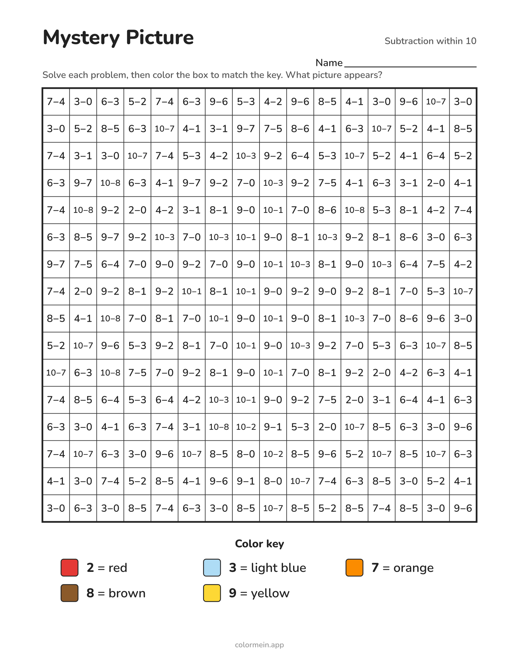 Subtraction within 10 color-by-number worksheet that reveals a autumn leaf