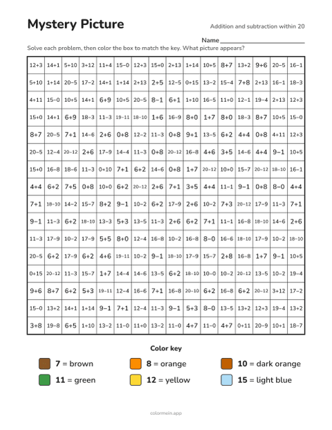 Addition and subtraction within 20 color-by-number worksheet that reveals a pumpkin