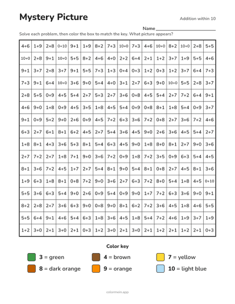 Addition within 10 color-by-number worksheet that reveals a pumpkin