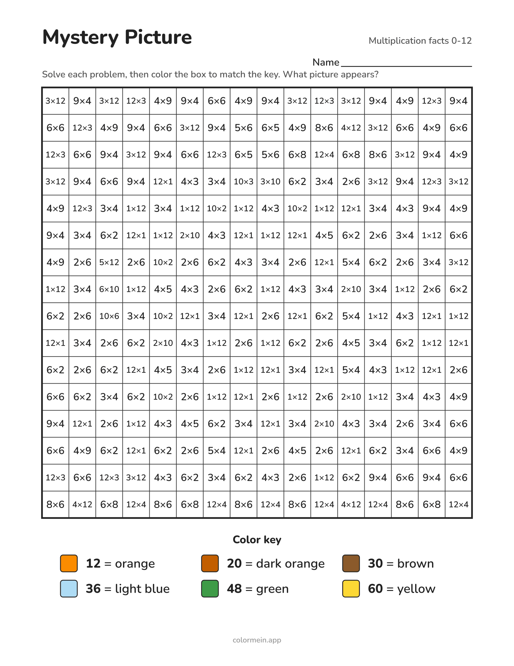 Multiplication facts 0-12 color-by-number worksheet that reveals a pumpkin