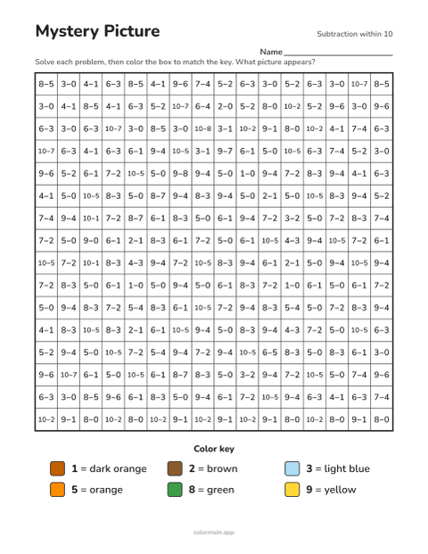 Subtraction within 10 color-by-number worksheet that reveals a pumpkin