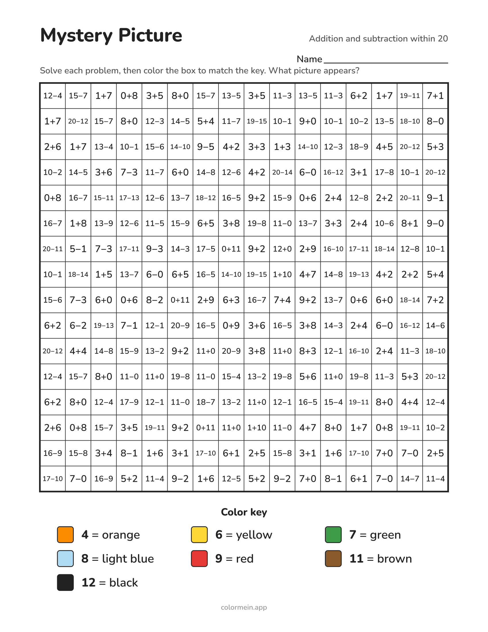 Addition and subtraction within 20 color-by-number worksheet that reveals a turkey
