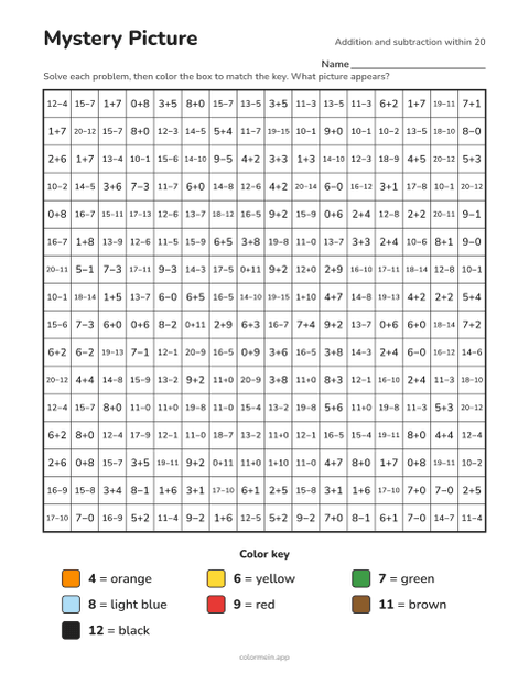 Addition and subtraction within 20 color-by-number worksheet that reveals a turkey