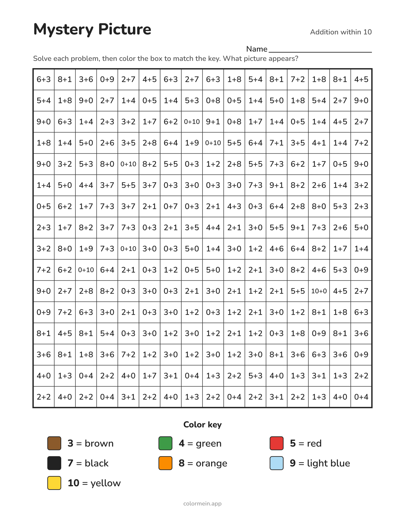 Addition within 10 color-by-number worksheet that reveals a turkey