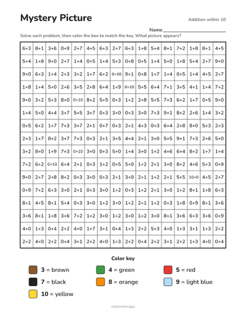 Addition within 10 color-by-number worksheet that reveals a turkey