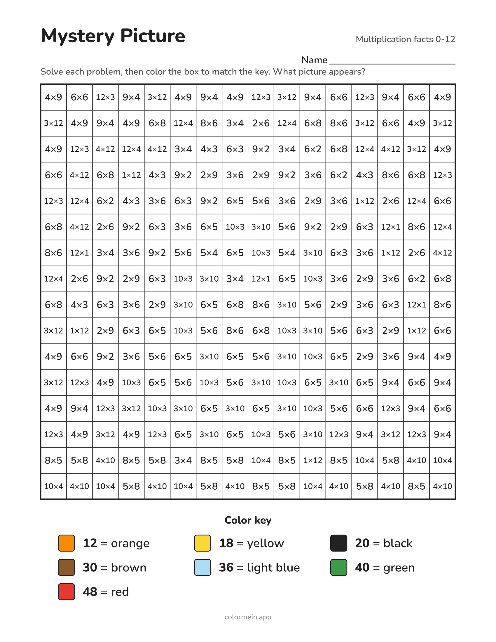 Multiplication facts 0-12 color-by-number worksheet that reveals a turkey