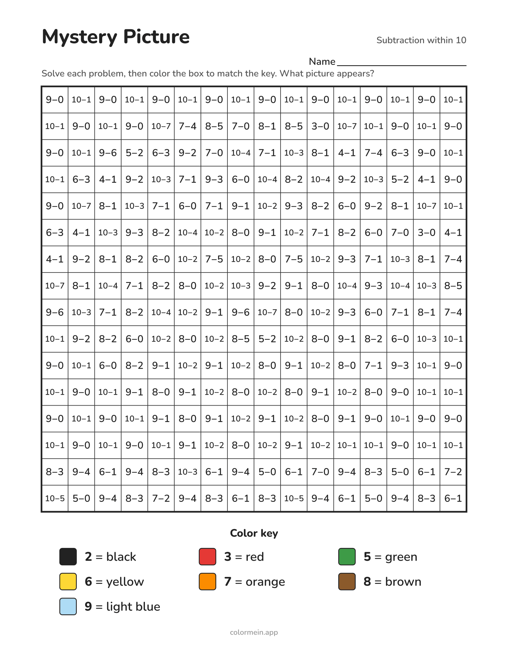 Subtraction within 10 color-by-number worksheet that reveals a turkey