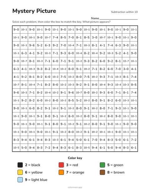 Subtraction within 10 color-by-number worksheet that reveals a turkey