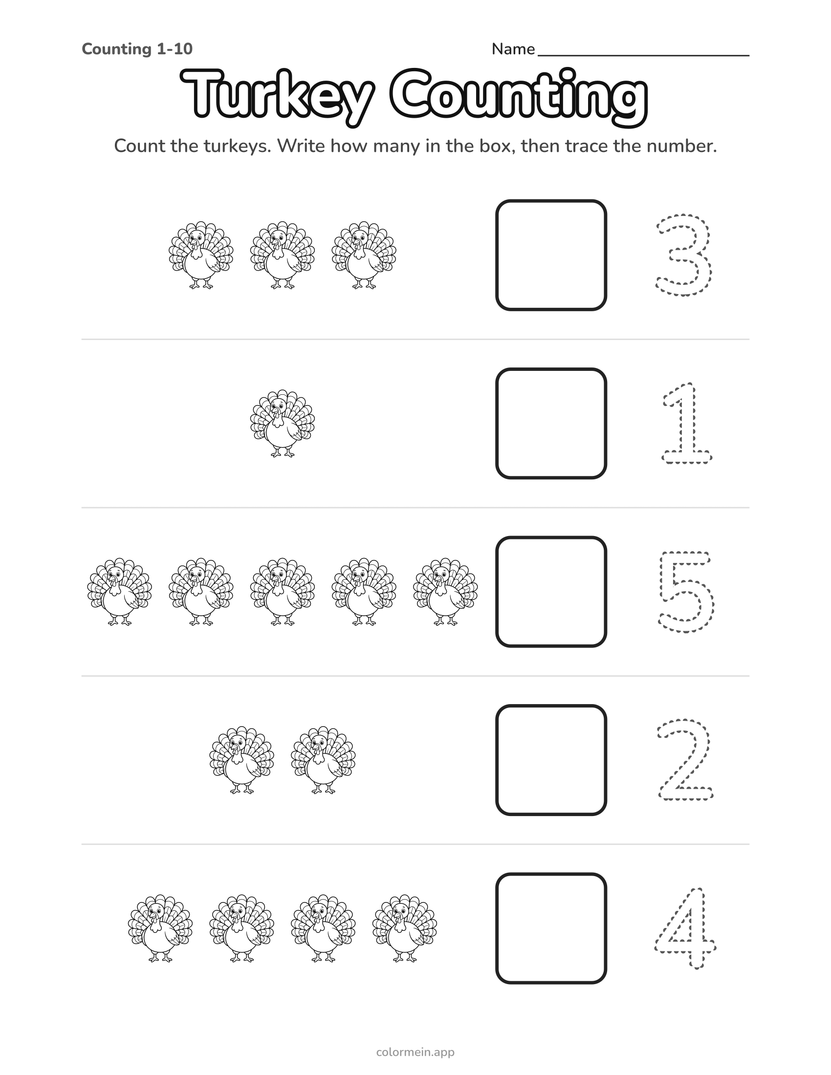 Turkey counting worksheet: groups of 1 to 5 turkeys, a box to write each number and a number to trace