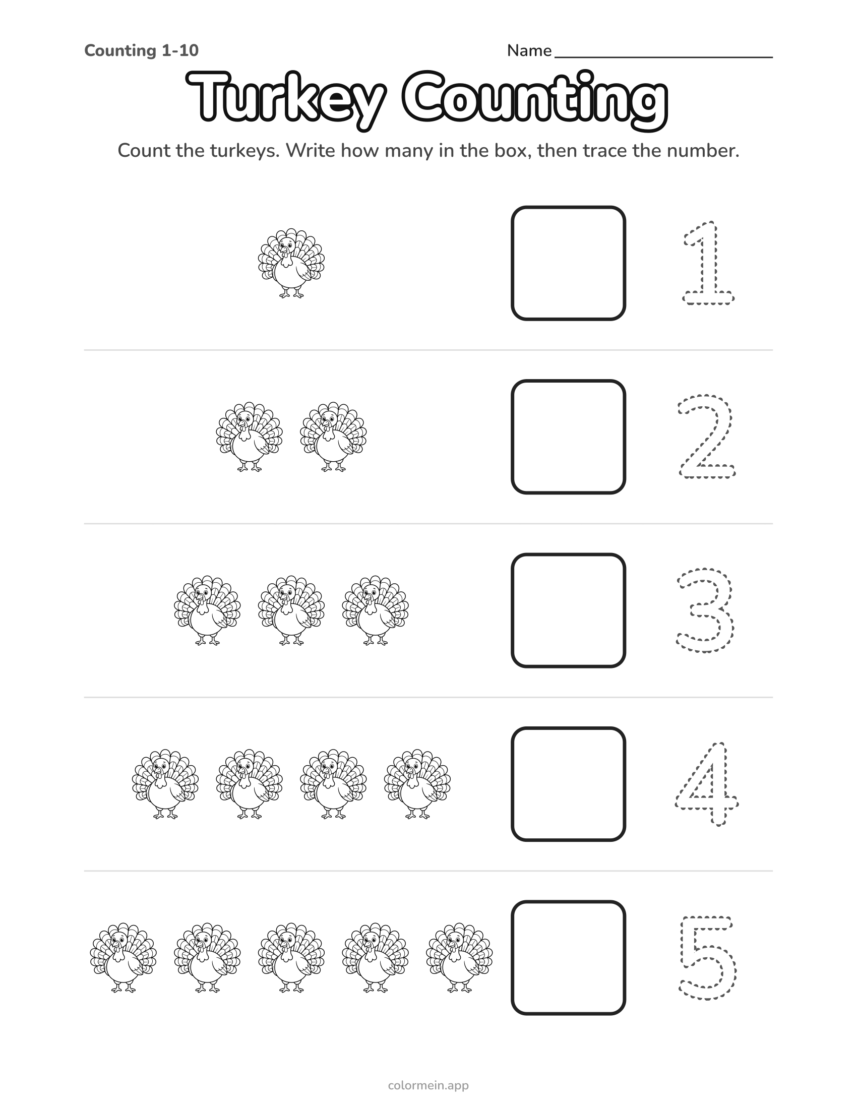 Turkey counting worksheet: groups of 1 to 5 turkeys, a box to write each number and a number to trace