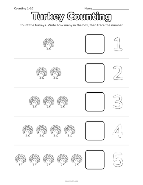 Turkey counting worksheet: groups of 1 to 5 turkeys, a box to write each number and a number to trace