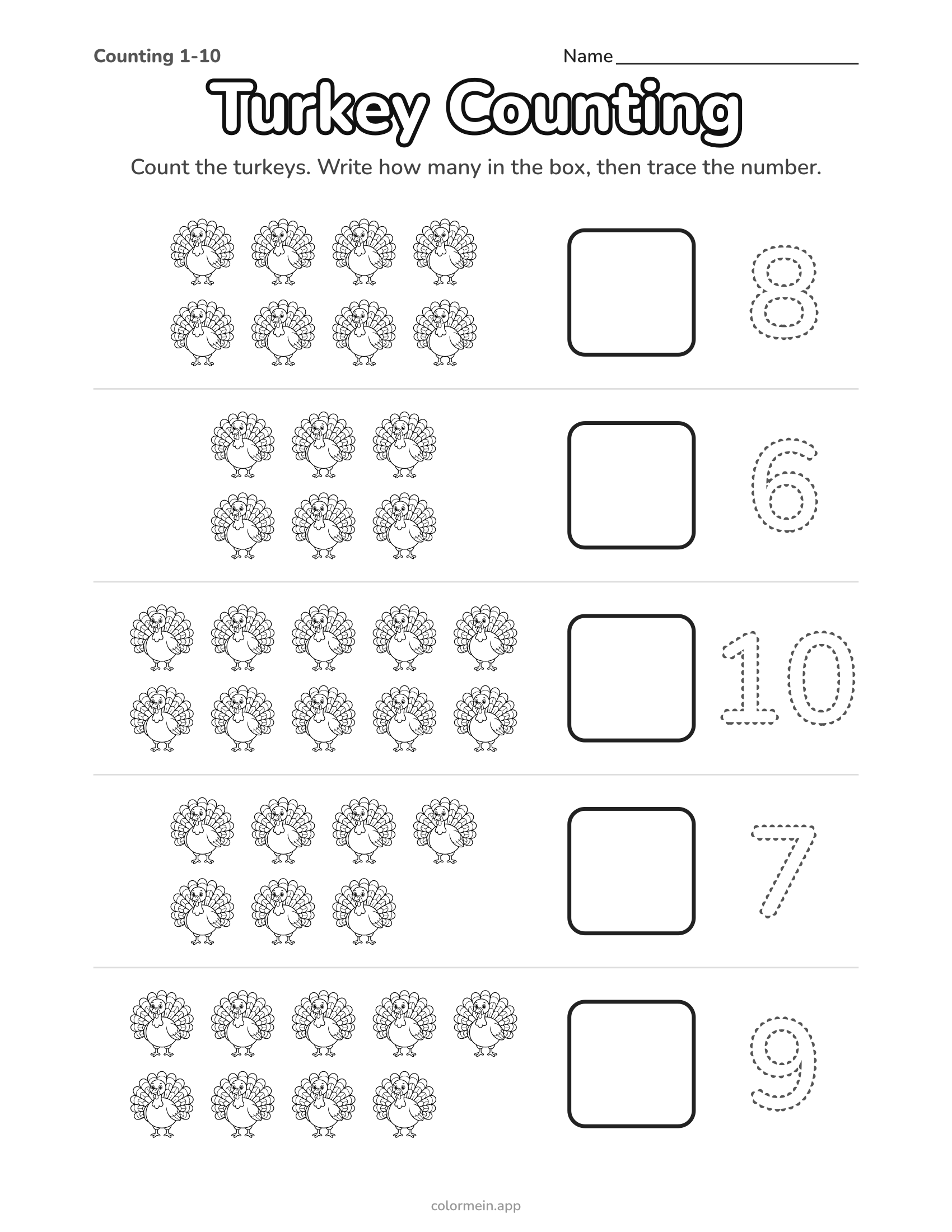 Turkey counting worksheet: groups of 6 to 10 turkeys, a box to write each number and a number to trace
