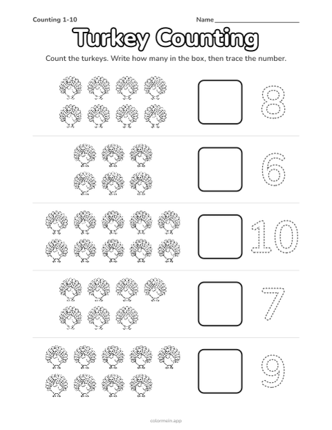 Turkey counting worksheet: groups of 6 to 10 turkeys, a box to write each number and a number to trace