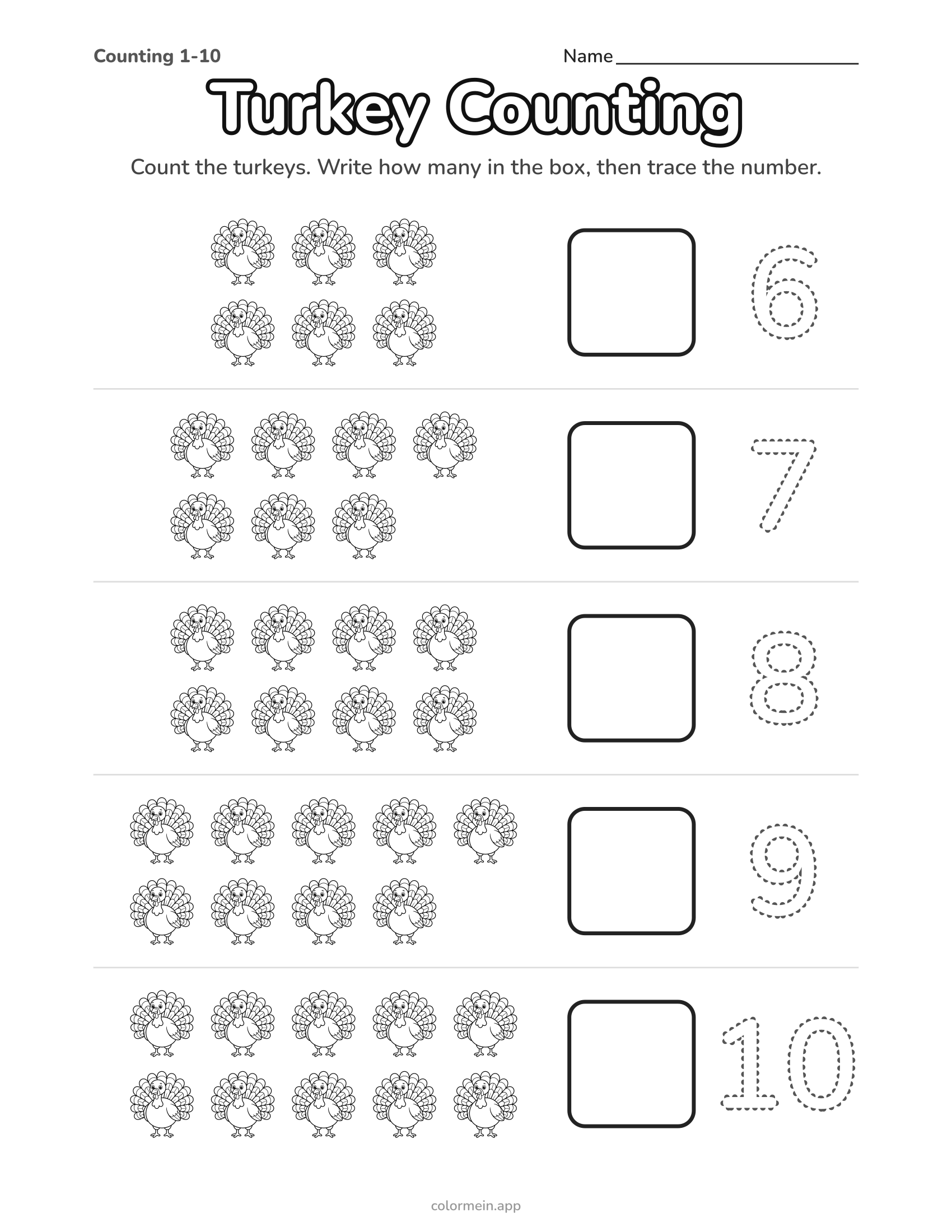 Turkey counting worksheet: groups of 6 to 10 turkeys, a box to write each number and a number to trace