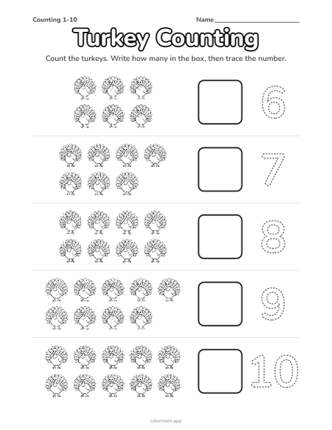Turkey counting worksheet: groups of 6 to 10 turkeys, a box to write each number and a number to trace